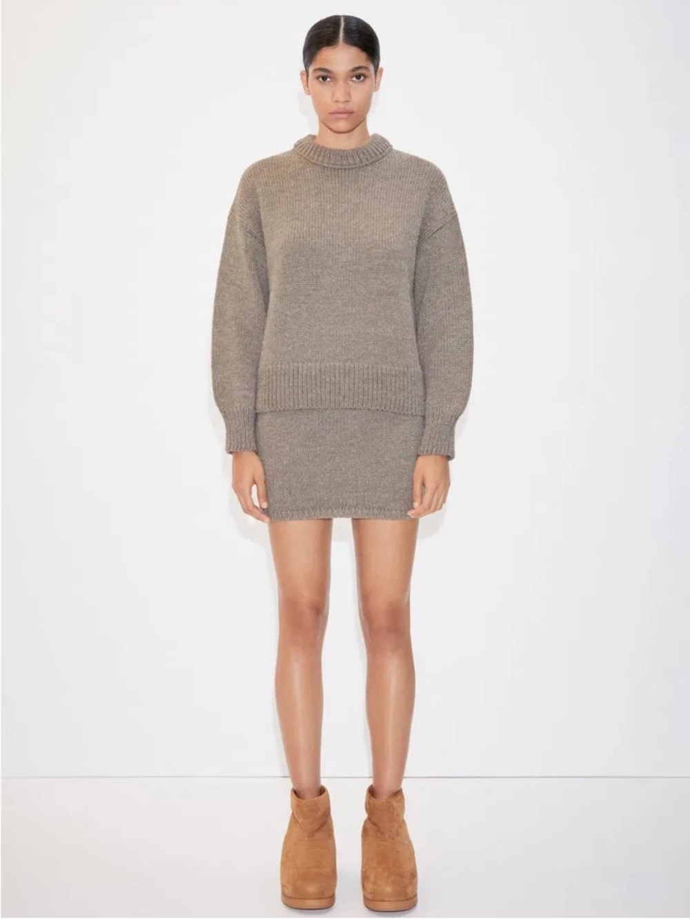 Mango Taupe Crewneck Sweater Mini Dress